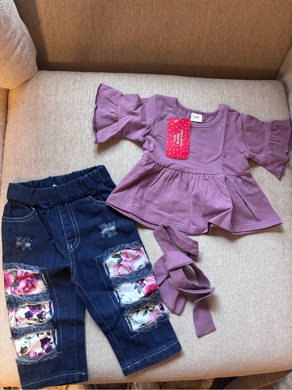 Girls' Mauve Ruffle Top and Floral Patch Jeans Set